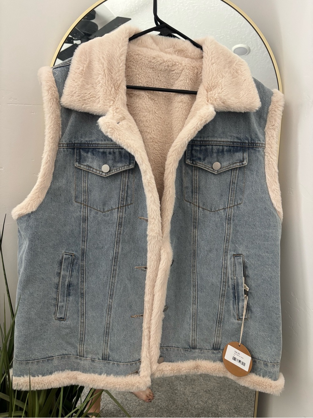 Faux Shearling-Lined Denim Vest in Light Blue and Cream